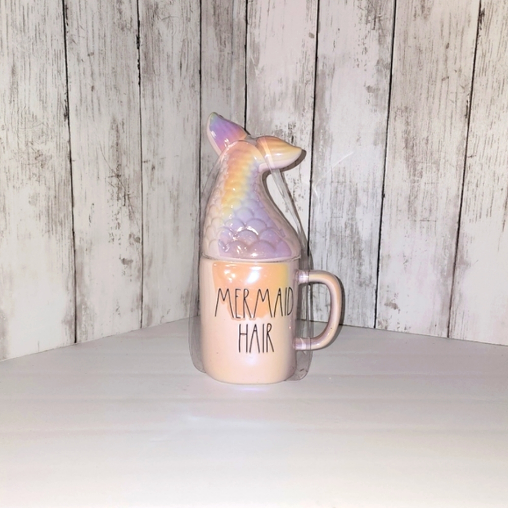 Rae Dunn Mermaid Hair Don't Care Iridescent Pink Mug W/ Topper NWT